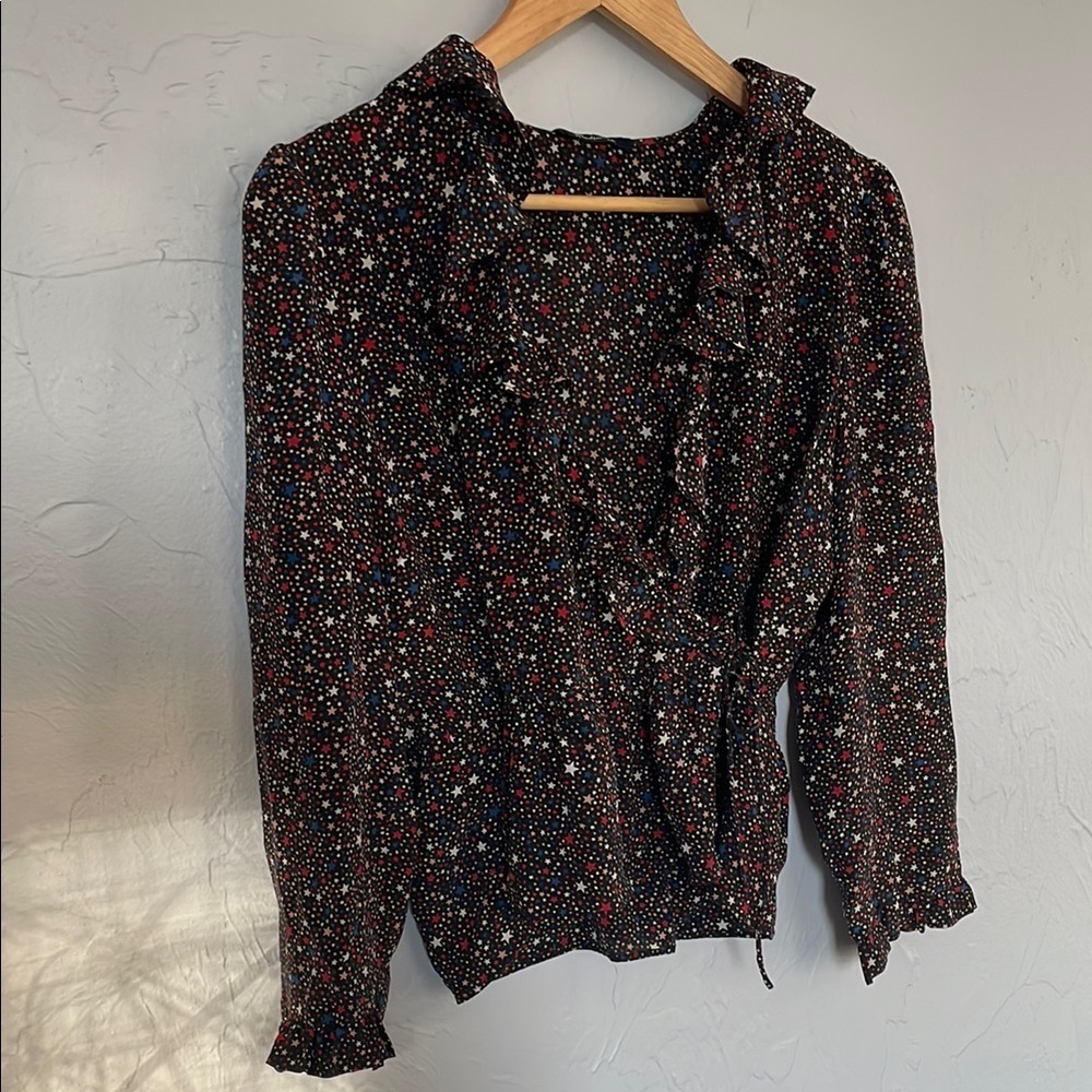 Madewell 100% Silk Star Print Black, Navy, Red, Cream Wrap Peplum Blouse - Picture 2 of 9